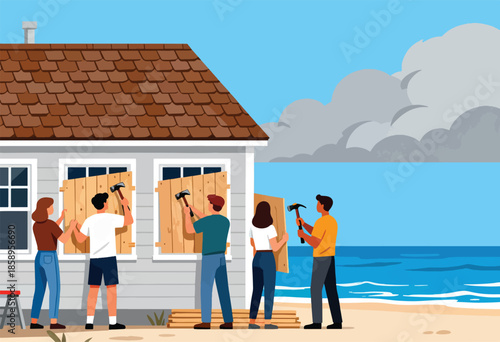 People boarding up windows of a house on a beach with storm clouds gathering