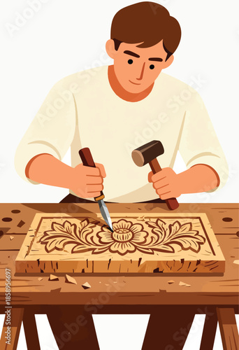 A person meticulously carves a floral design into wood with a chisel and mallet