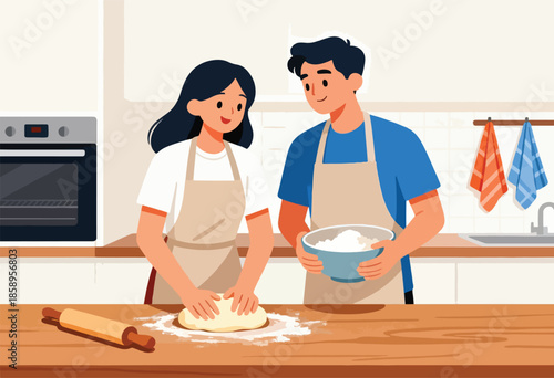 Couple prepares dough together in a modern kitchen, with an oven and sink visible