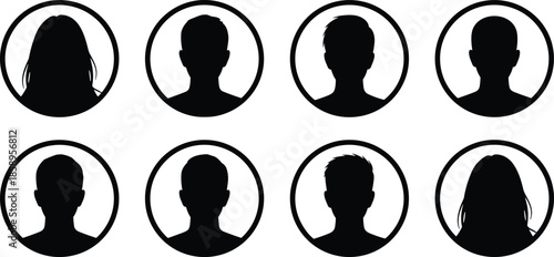 Diverse collection of professional silhouettes featuring business people, medical staff, manual workers with tools, and circular user profile avatar icons