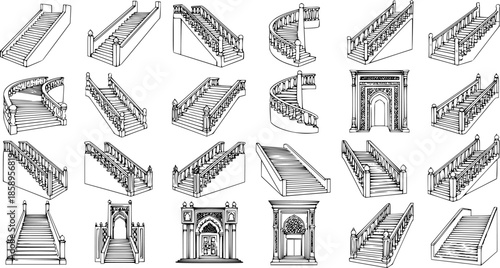 Architectural Stairs and Entrances Black and White Line Art Vector Collection. Hand-drawn Sketch Set of Various Staircases, Steps, and Building Archways for Design and Construction Projects.
