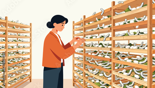 Woman tending to many silkworms on shelves, a serene process