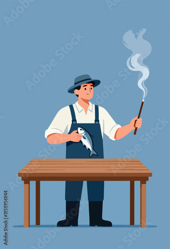 Fisherman with fish on apron holds smoking stick over table