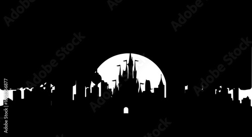 Enchanting skyline silhouette with castle against a radiant moon, perfect for fantasy themes, magical destinations, and storybook illustrations, vector origin