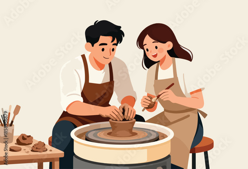 Couple cheerfully working together on a pottery wheel, creating art