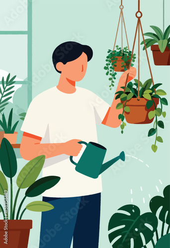 Person watering hanging plants and indoor foliage with a watering can