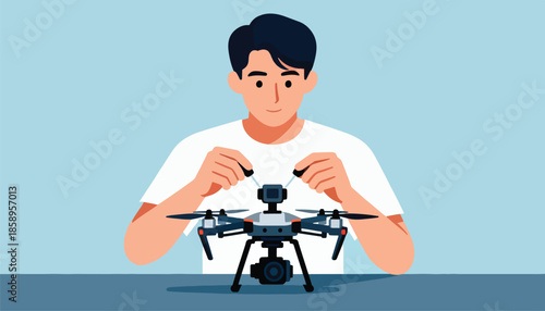 Person intently assembling a drone, focused on its camera and propellers