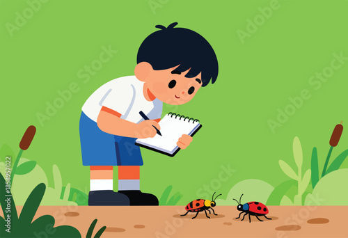 Young boy observes ladybugs in a natural setting, taking notes