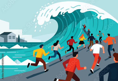 People fleeing a massive wave, seeking higher ground