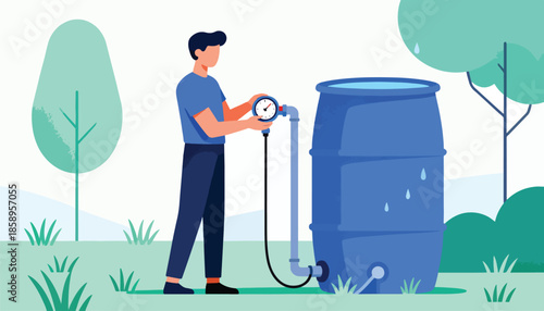 Person checks a gauge connected to a large blue water barrel