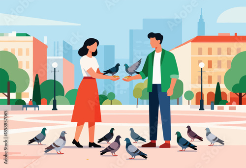 Young people feeding pigeons in a park with city buildings