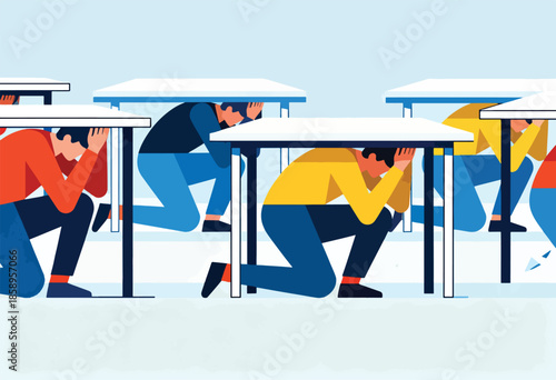 Figures take shelter under tables during a simulated emergency drill