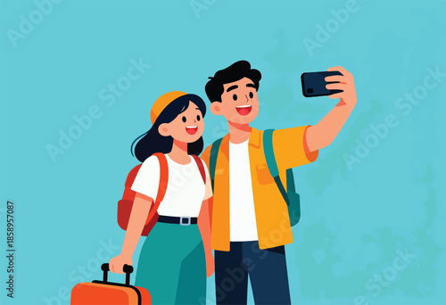 Smiling couple taking a selfie on vacation, one holding luggage