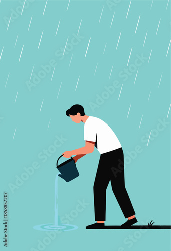 Person empties water from bucket into rain