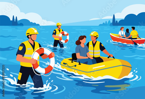 Rescuers in uniform with life preservers assist people in boats on a body of water