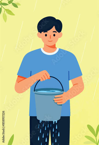 Person holding a leaky bucket in the rain