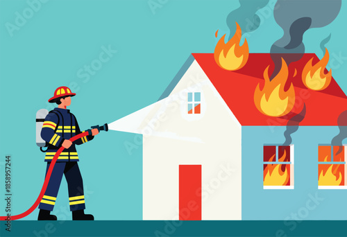 Firefighter sprays water on a burning house with flames and smoke