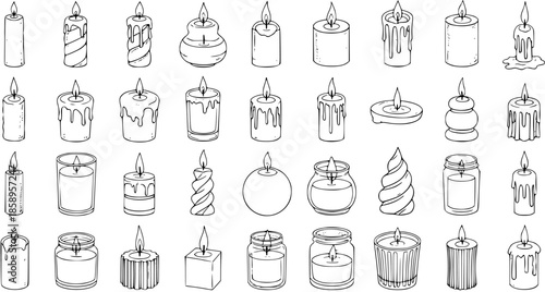 Black and White Line Art Vector Set of Various Candles, Decorative and Ritual Objects
