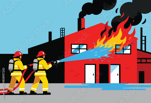 Two firefighters in yellow gear spray water on a red building engulfed in flames and smoke