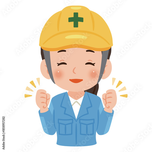 作業服を着てヘルメットを被った笑顔の女性　上半身イラスト／Smiling woman wearing work clothes and a safety helmet, upper body illustration