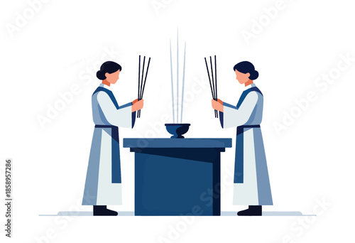 Two figures in ceremonial robes hold incense sticks over a table with a bowl