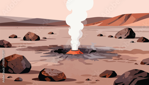 Volcanic vent spews steam across a barren, rocky terrain with distant, muted hills
