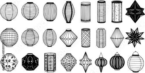 Black and White Line Art of Various Decorative Lanterns, Asian Style Ornaments for Cultural Events and Festivals