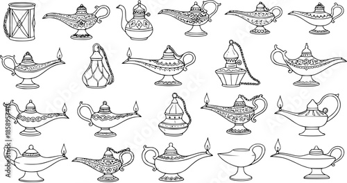 Fairy Tale and Fantasy Magic Lamps Collection in Hand-drawn Black and White Line Art Style. Ancient Genie Oil Lamp Vessels for Middle Eastern Folklore and Vintage Decoration Designs.