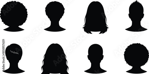 Set of Black Head Silhouettes with Different Hairstyles, Male and Female Avatars Isolated on White Background for User Profile