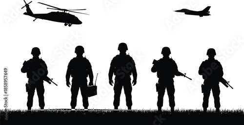 Military silhouettes of soldiers standing in field with helicopter and fighter jet isolated on white background, army war and defense.