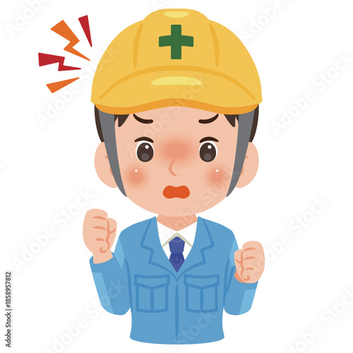 作業服を着てヘルメットを被った怒る男性　上半身イラスト／Angry man wearing work clothes and a safety helmet, upper body illustration