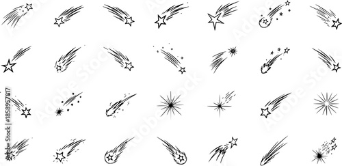 Black and White Line Art Icons of Shooting Stars and Comets, Celestial Objects Collection