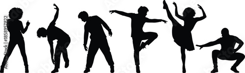 Set of black human silhouettes showing various dynamic body movements, including dancing, street dance, expressive poses, and athletic action, on white background,