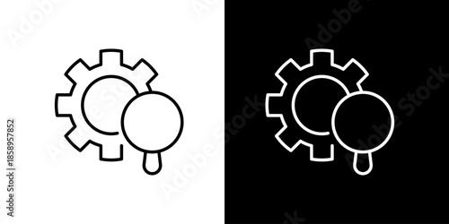 Digital icon combining a gear and magnifying glass, symbolizing settings, search, analysis, and optimization features for software and system management