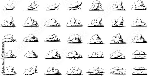 Black and White Line Art Illustrations of Various Clouds, Sky, Weather Elements, Stock Graphic