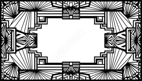 Black and White Art Deco Border with Bold Geometric Fan Motifs and Architectural Line Elements
