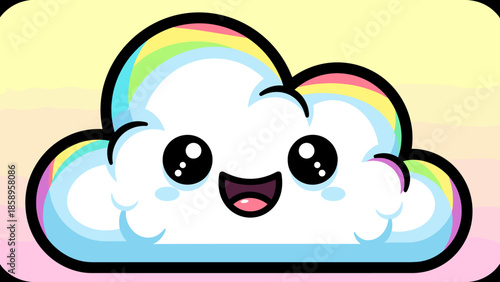 A cartoon cloud with a rainbow on top, smiling with big eyes and a happy expression.