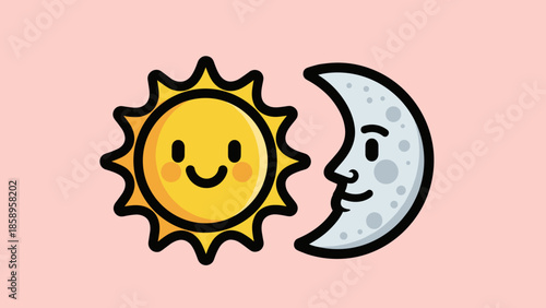 Cartoon illustration of a smiling sun and a crescent moon with a face.