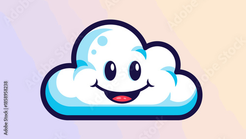 Cartoon cloud with a happy face and blue outline on a gradient background.