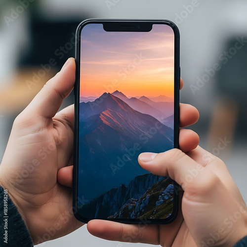 Hands Holding Smartphone Displaying Mountain Sunset Landscape