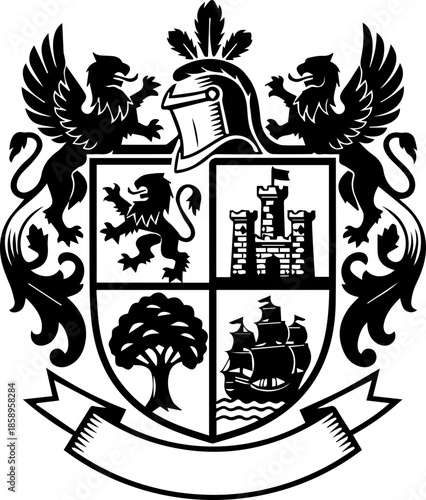 Traditional Heraldic Crest Coat of Arms with Griffins Lion Castle and Knight Helmet