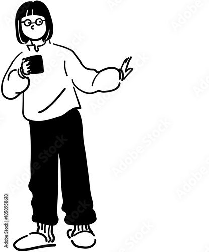 Woman holding coffee Line art Vector