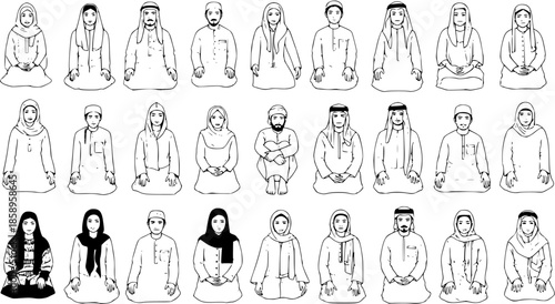 Diverse Muslim and Middle Eastern People in Traditional Attire. Black and white line art vector collection depicting Islamic culture and community figures sitting and kneeling.