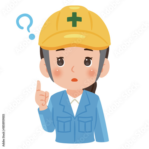 疑問を持つ作業服を着てヘルメットを被った女性　上半身イラスト／Woman wearing work clothes and a safety helmet with a questioning expression, upper body illustration