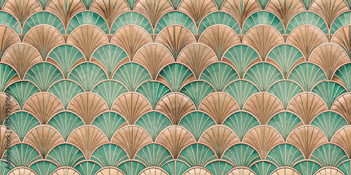 Elegant vintage-inspired teal and gold fan pattern design for stylish decor and creative projects.