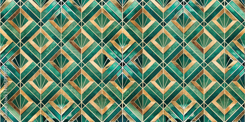 Exquisite green and gold geometric pattern showcasing art deco style leaves.