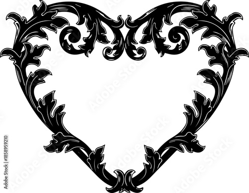 Elegant baroque heart frame with swirling floral ornaments, perfect for wedding invitations, Valentine's Day cards and romantic designs, originally vector graphic