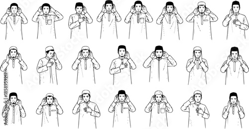 Black and White Line Art Vector Illustration of Muslim Men Performing Islamic Prayer (Salat) Takbiratul Ihram Positions for Religious Education  Spirituality.