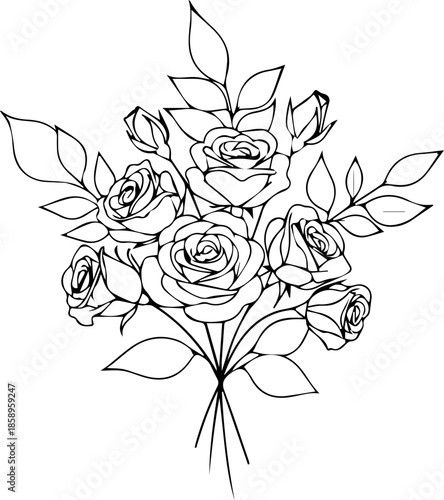 Elegant rose bouquet line art for wedding invitations and romantic designs, delicate floral arrangement with timeless appeal, originally a scalable vector graphic