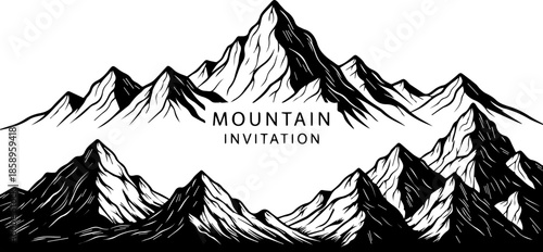 Dramatic mountain range peaks for adventure travel invitation designs, perfect for outdoor enthusiasts, modern branding or a striking logo element in black and white